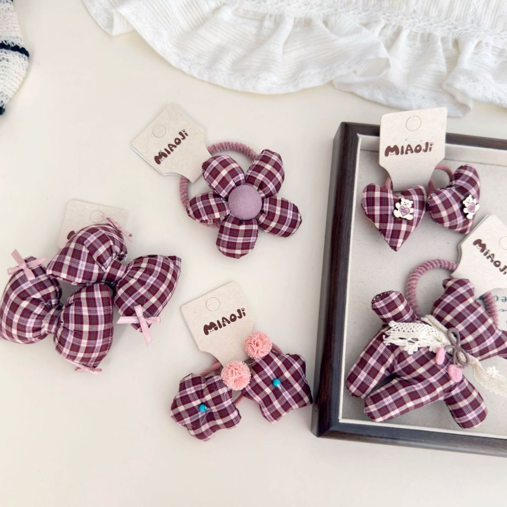 [Galakoko] Korean Pink Plaid Flower Bow Bear Children's Hair Ring Hair ...