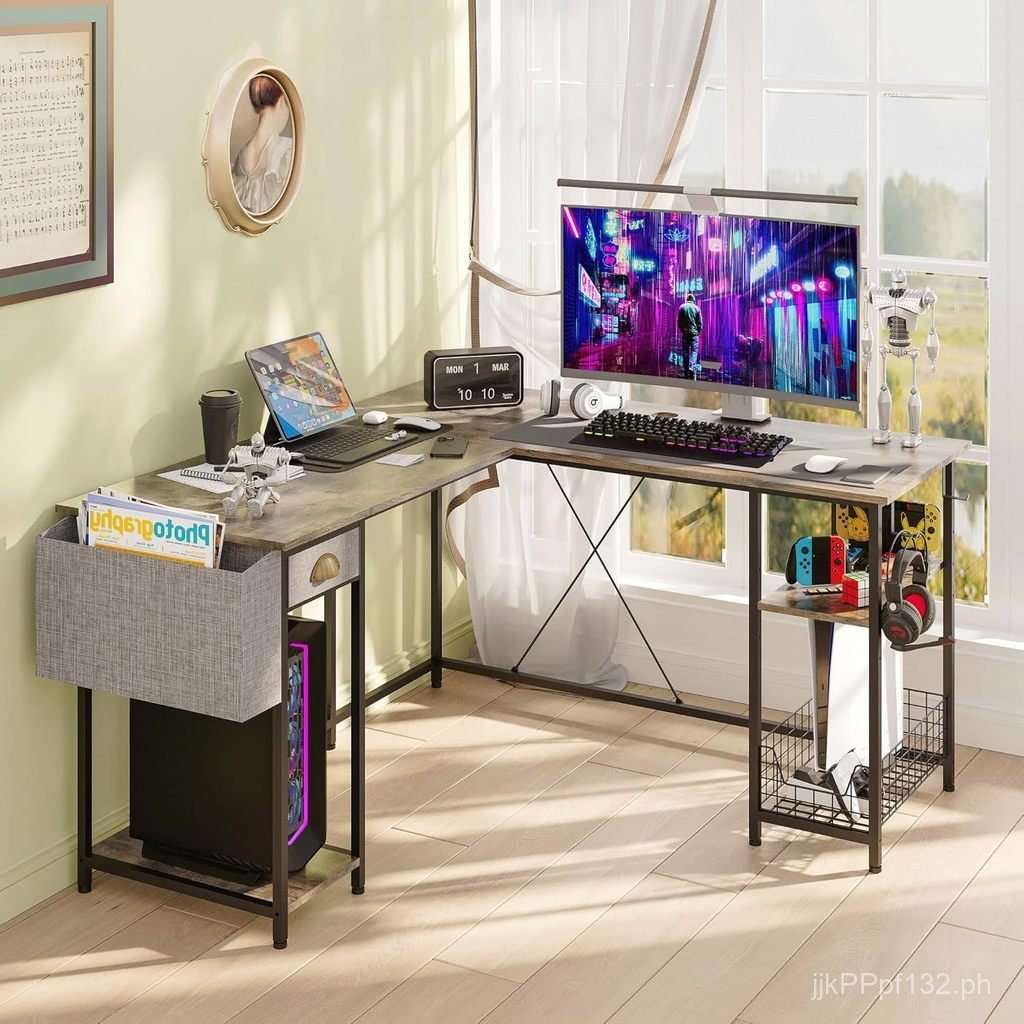 Computer Desk with Drawers, Double Corner Office Desk, Iron and Wood ...