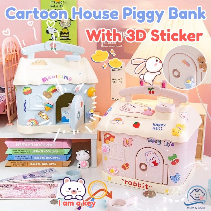 Cartoon House Piggy Bank Cute Money Box With Lock And Keys 3d Sticker ...