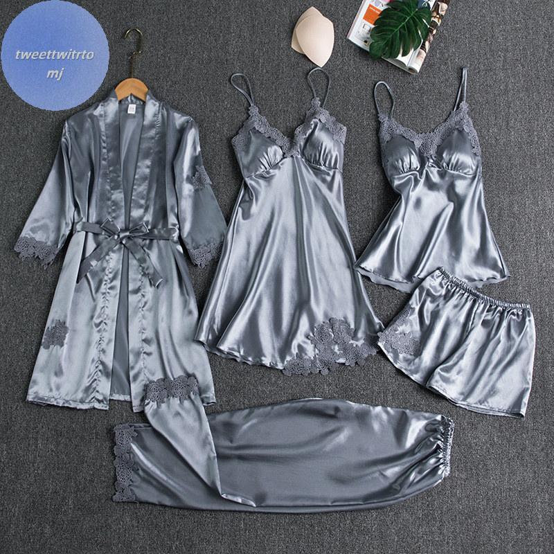 TRTOMJ 5PC Silk Robe Sleep Suit Womens Lace Satin Pajamas Gown Set V ...