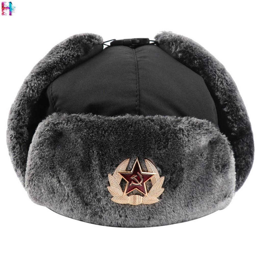 Russian Trapper Hat Cap with Soviet Badge Faux Furs Ushanka Flaps Hat ...