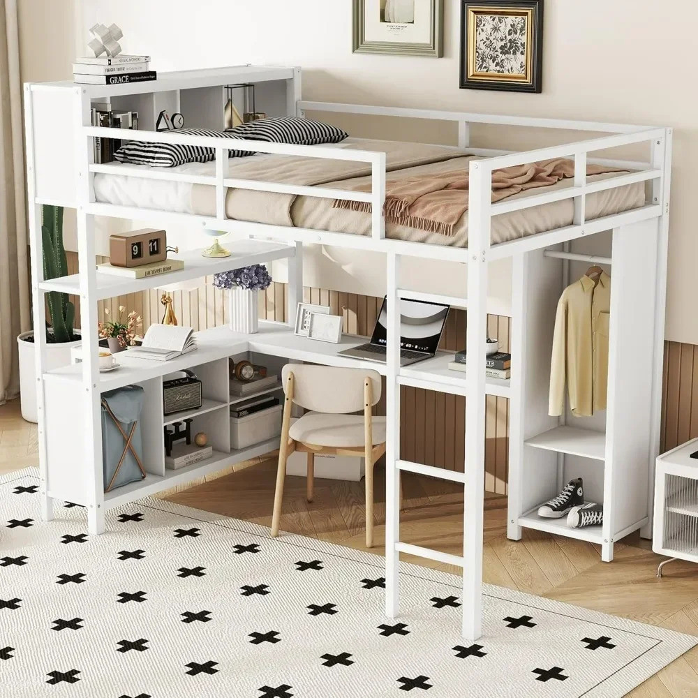 Bunk Beds Full Size Loft Bed With L Shaped Desk And Wardrobe, Heavy ...