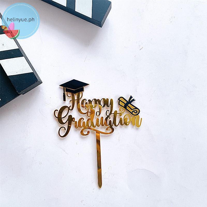 helinyue 1pcs Congrats Cake Topper Happy Graduation Gold Black Acrylic ...