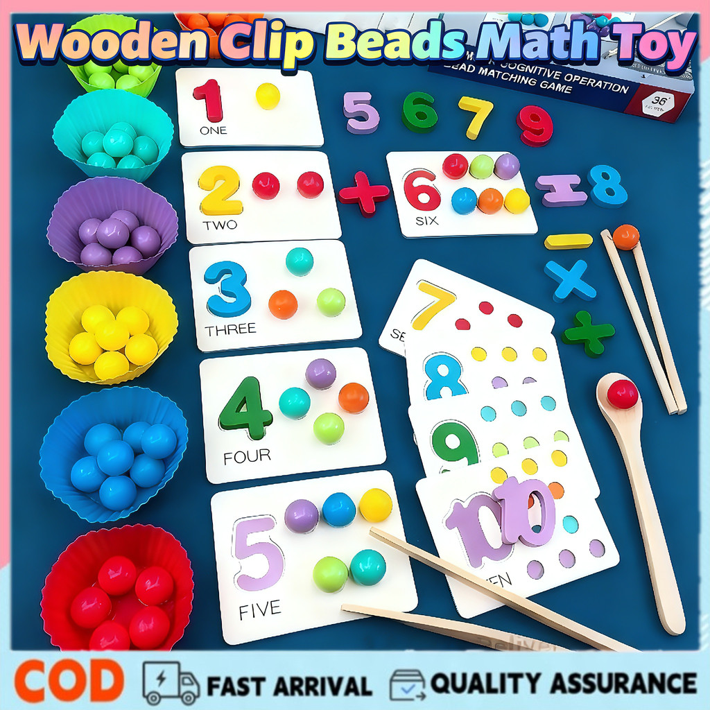 Kids Wooden Clip Beads Math Toy Rainbow Color Sorting Matching Early ...