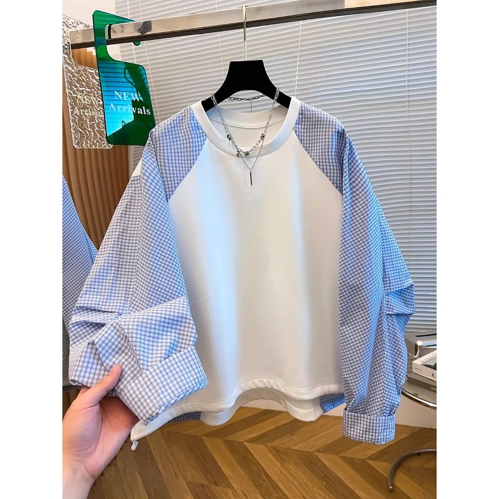 Light Blue Plaid Raglan Sleeves Genuine Shoulder Sweatshirt Women 2025 ...