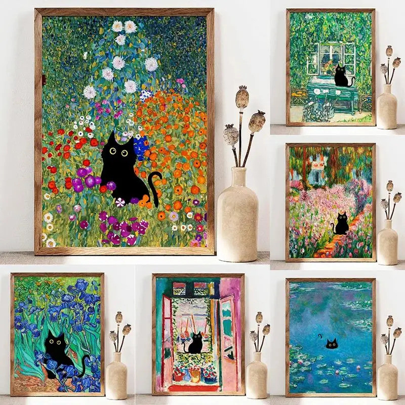 Funny Cat Art Inspired by Matisse Monet Black Poster Print Canvas ...