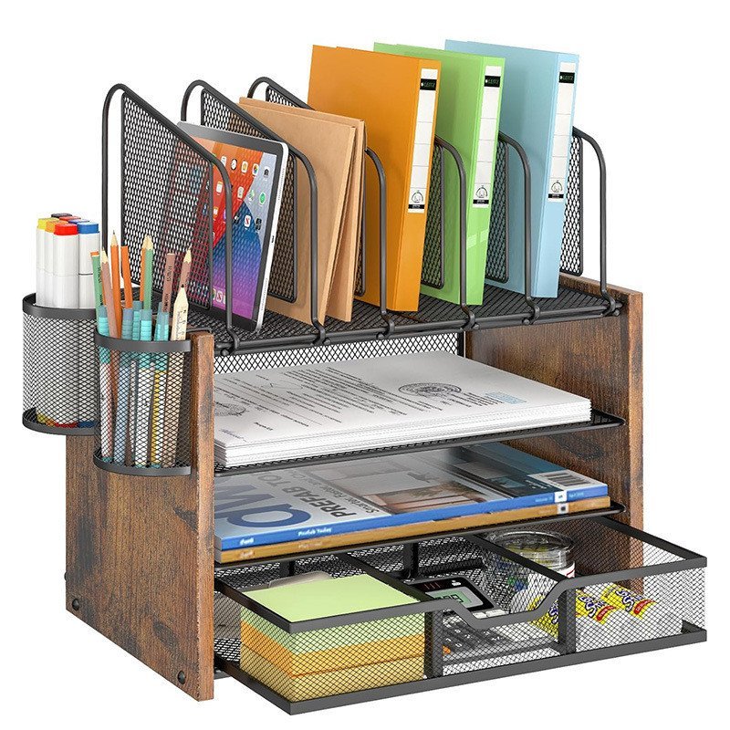 File Storage Rack Iron Wood Management Rack File Rack Desktop Organizer ...