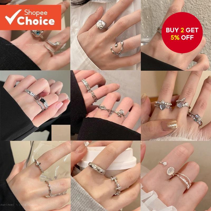 Y2K Silver Ring Set for Women Cross Crystal Opal Pearl Heart Adjustable ...