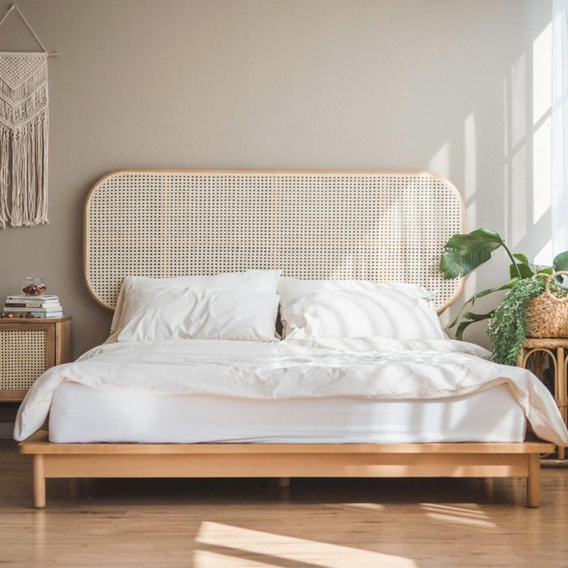 Japanese Style Solid Wood Headboard Rattan Art Homestay Model Room Bed ...