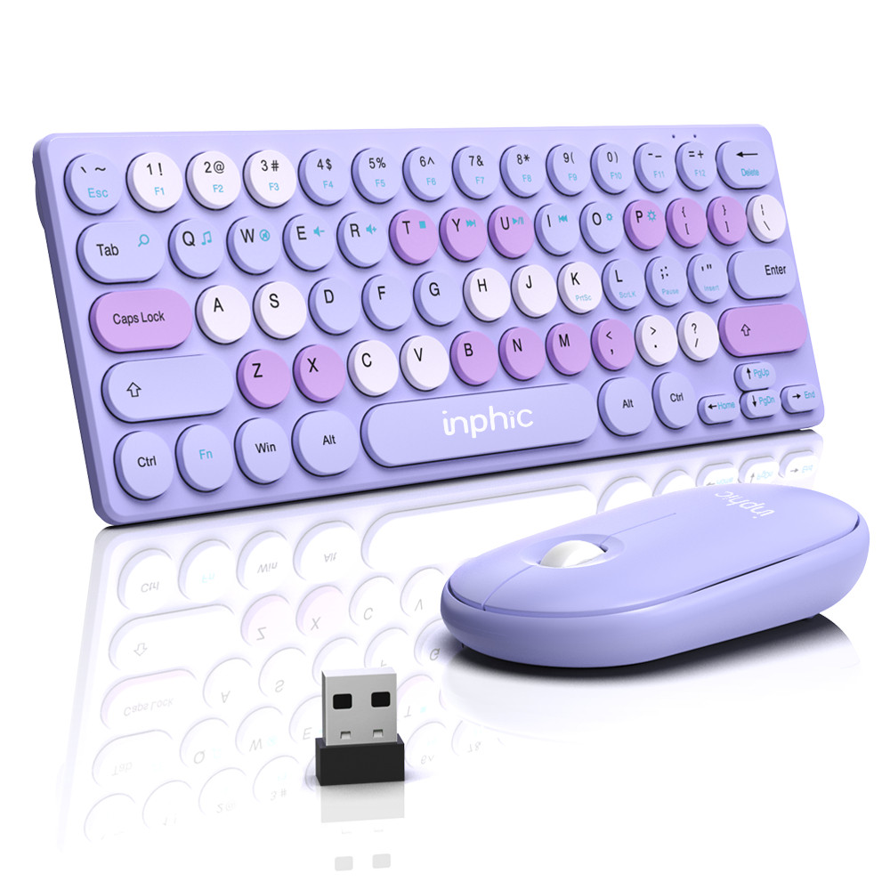 INPHIC 64 Keys Round Keycap Wireless Keyboard and Mouse Set Plug and ...