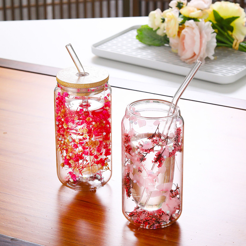 Preserved Flower Glass Coffee and Beverage Cup with Bamboo Lid and ...