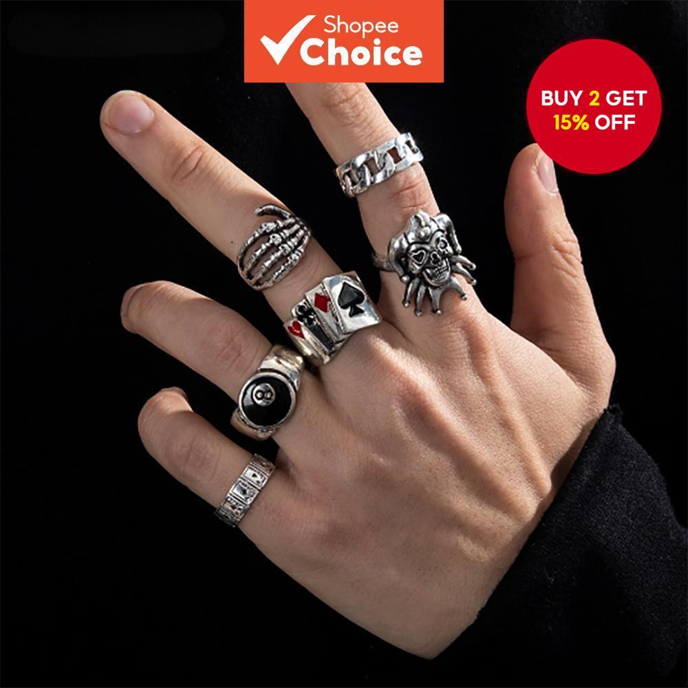 6PC Hip Hop Poker Rings Set - Gothic Skull Claw 8 Ball Statement ...