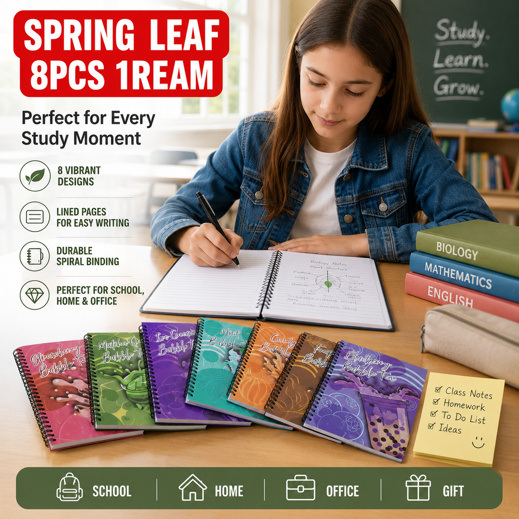 Spring Leaf 8pcs Bubble Tea Notebook | Durable Spiral Binding Lined ...