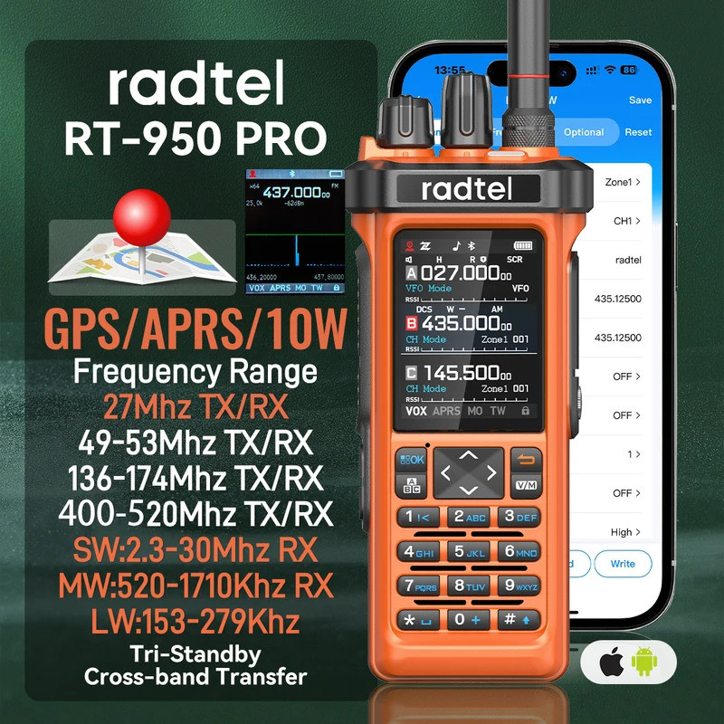 Radtel RT-950 Pro Orange GPS APRS Walkie Talkie 10W Bluetooth Phone ...