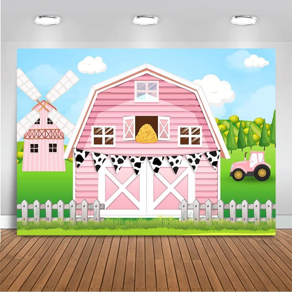 Mocsicka Pink Farm Birthday Backdrop Farm Barn Door Theme Party Banner ...