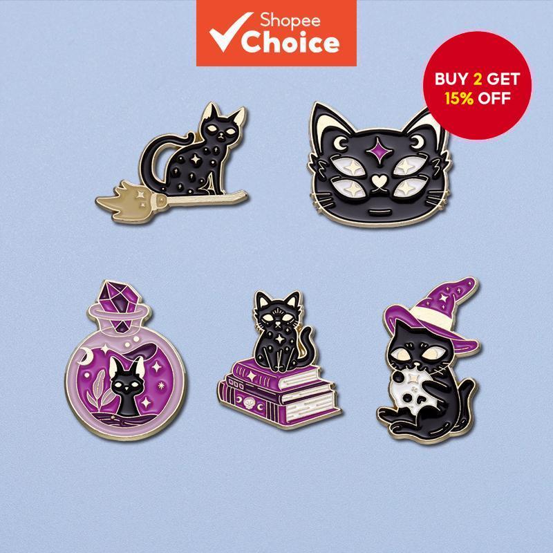 Punk Witch Magic Cat Enamel Pin Magic Hat Potion Brooch Moon Cat ...