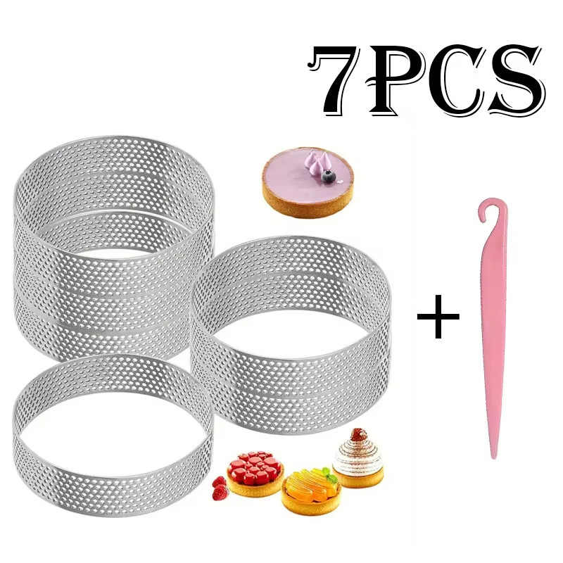 7PC Stainless Steel Perforated Tart Ring Set round Cake Molds French ...
