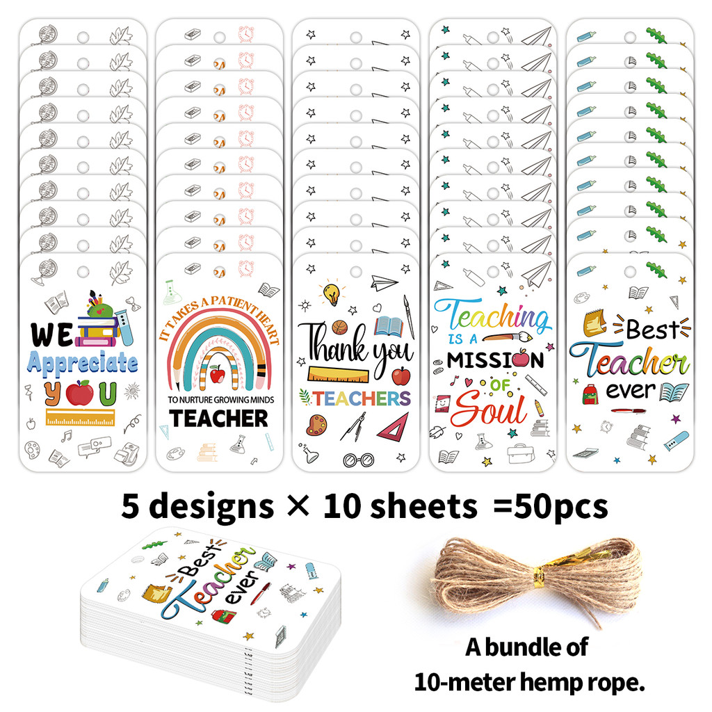 50Pcs Happy Teacher's Day Gift Tags with 10M Hemp Rope Cute Cartoon ...