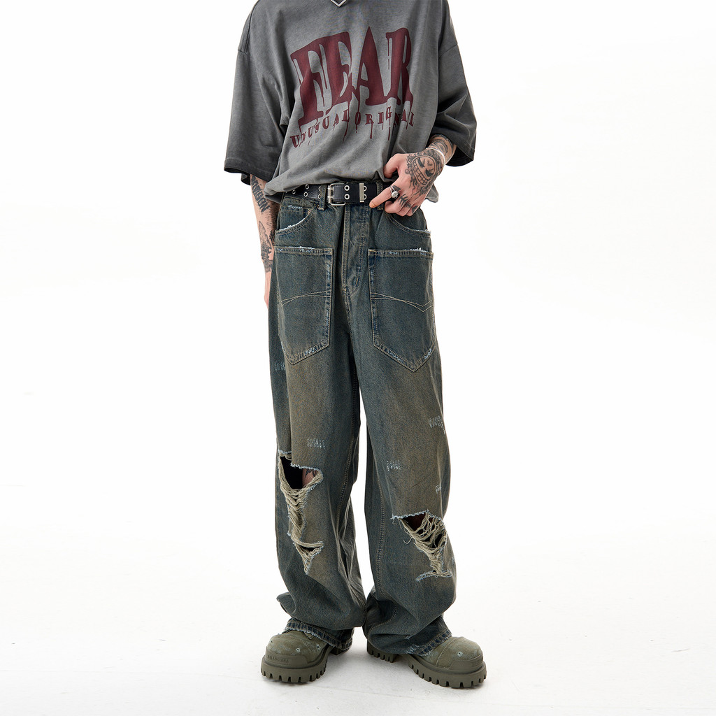 Reverse Pocket Washed Milk Ripped Wide-Leg Paris Jeans Spring Summer ...