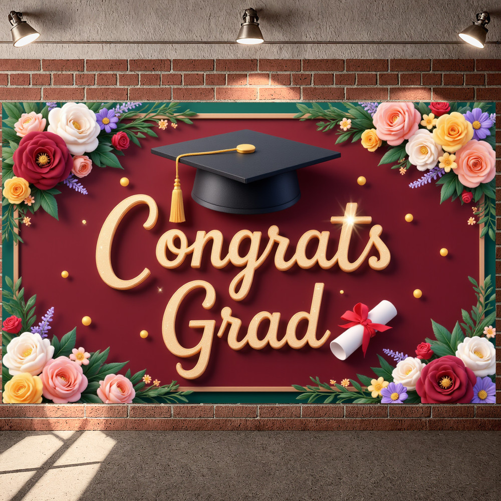 Graduation Cap Academic Background Decorative Flowers Commencement ...