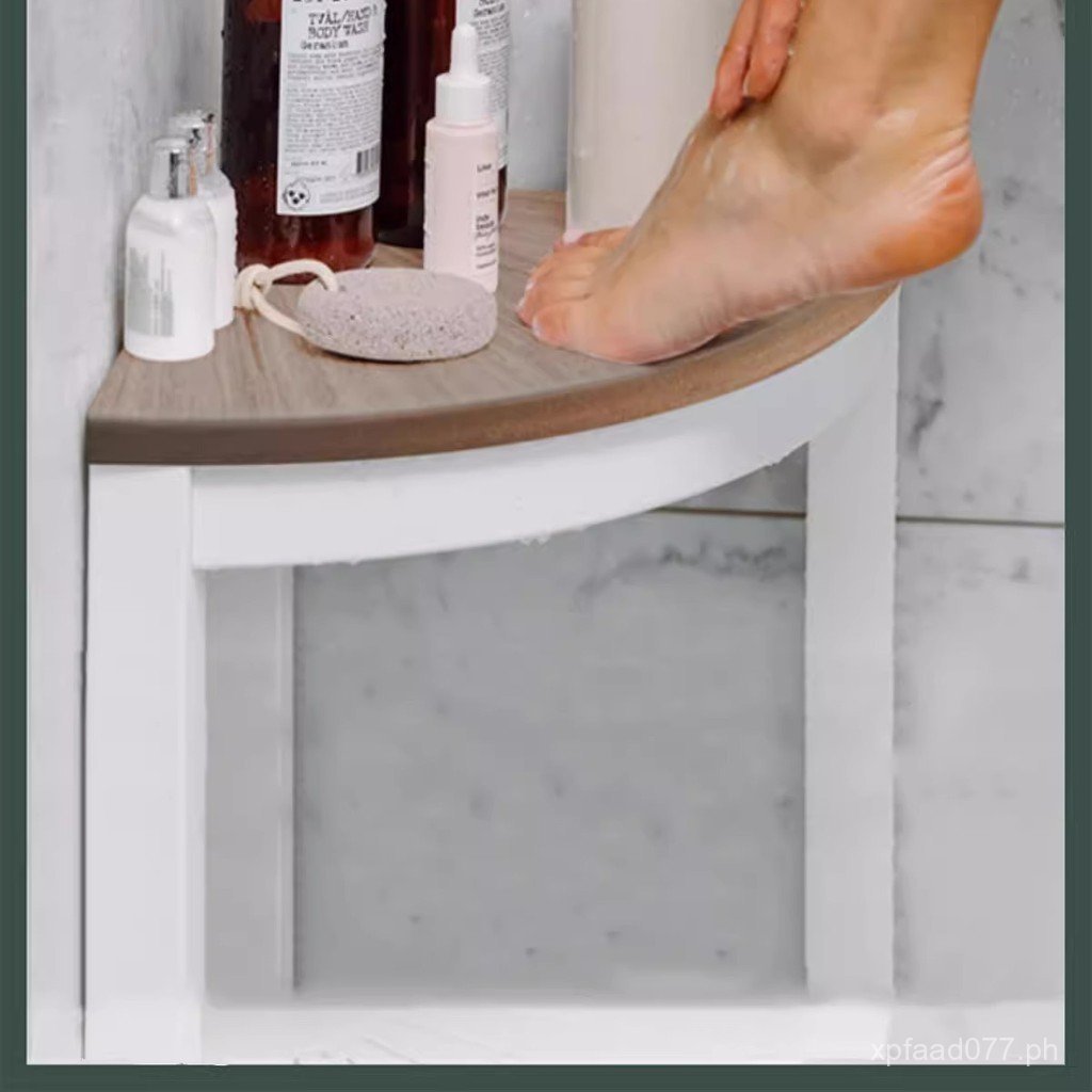 Non-Slip Bath Corner Stool Bathroom Stool Fan-Shaped Acacia Wood Shoe ...