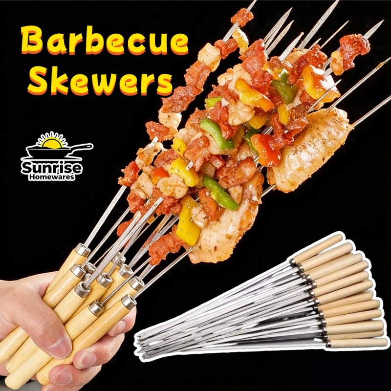 10-50 PCS Barbecue Skewers Reusable Stainless Steel With Wooden Handle ...
