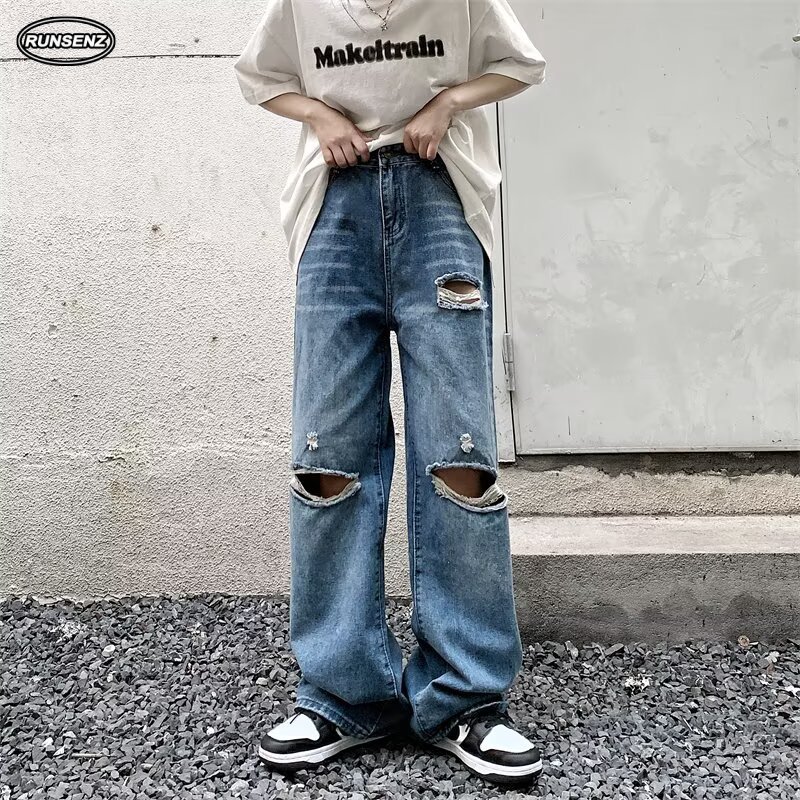 M-5XL Korean High Street Ripped Jeans Men Large Size Trousers Blue Hip ...
