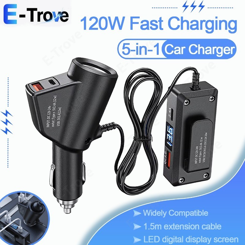 QC3.0+PD Multifunctional USB Car Charger Adapter Total 120W TypeC Fast ...
