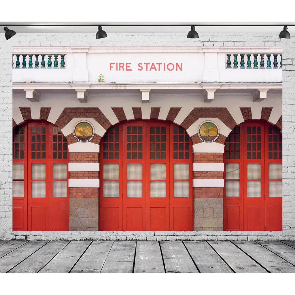 CORFOTO 7x5ft Fabric Modern Fire Station Backdrop Historical Red ...