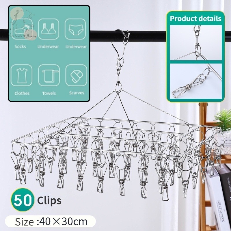 50 Clips Drying Rack Stainless Steel Hanger with Clip Sock Underwear ...