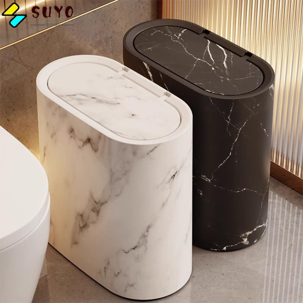SUYO Garbage Bin, Marble Texture Press Type Bathroom Trashcans, Modern ...