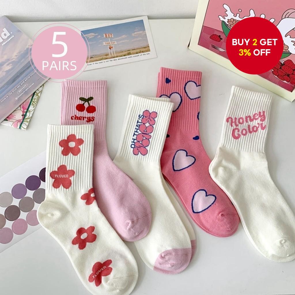 5 Pairs Cute Women's Mid-crew Socks - Mix Color, Floral & Heart Print ...