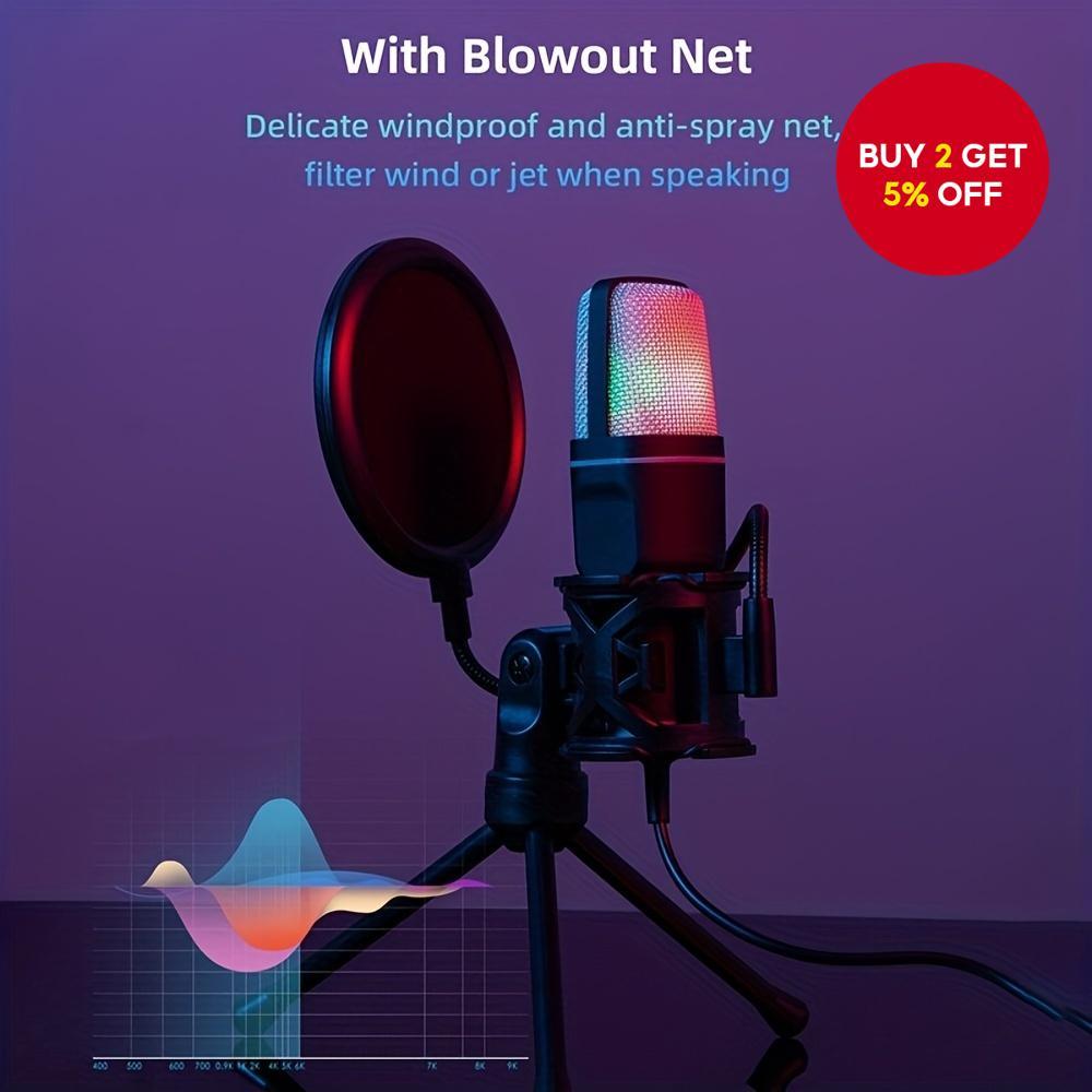 Usb condenser microphone set with rgb light pop filter tripod stand for ...