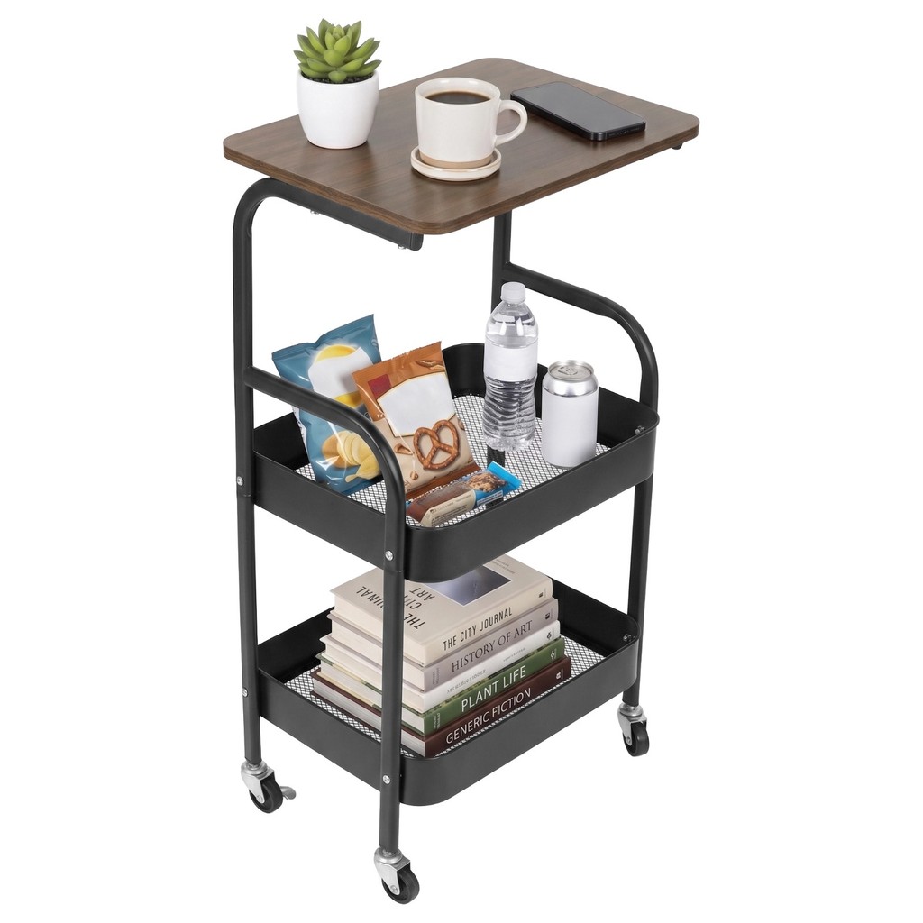 3 Tier Metal Rolling Utility Cart, Movable Storage Trolley with Wooden ...