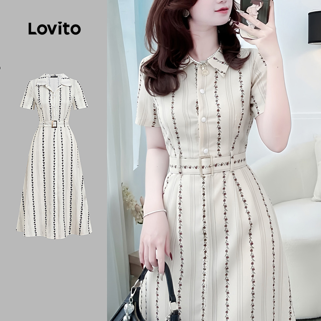 Lovito Elegant Women Dress Belted Button Front Spring/summer Khaki ...