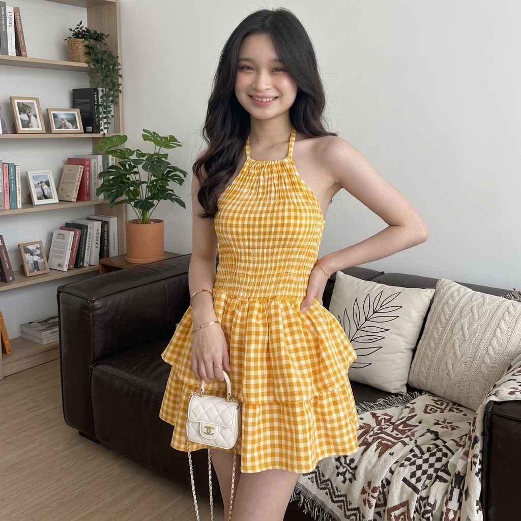 Tq88indonesia Dress Gingham Mini Dress Korean Halter Neck Backless Beautiful Fit Body Stacked Aesthetic Outfit Korean Style Trendy / KELLY Mini Dress Smocked Checked Motif Casual Girly Cute Aesthetic Outfit Holiday Hits