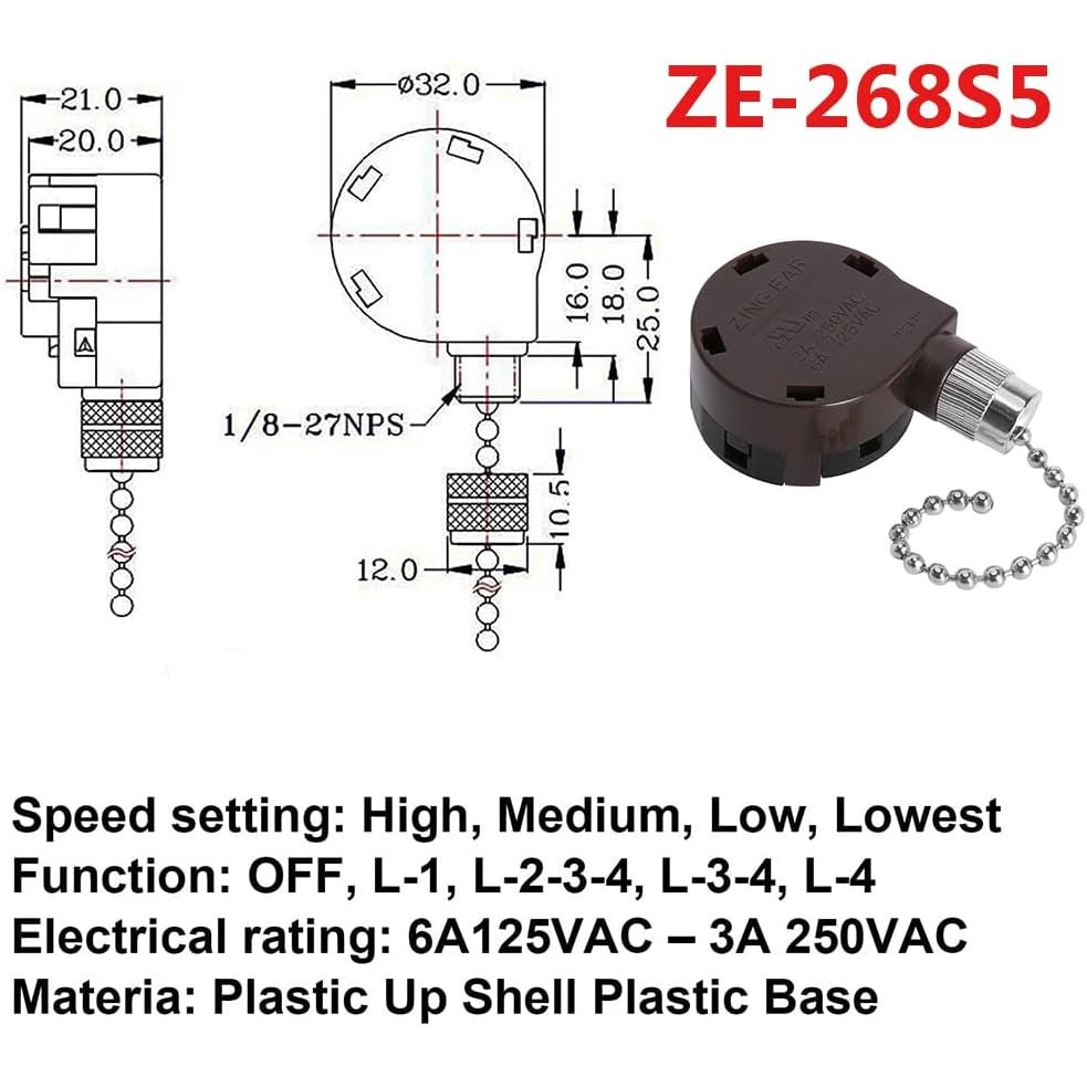 Zing Ear ZE-268S5 4 Speed 4 Way 5 Wire Rotary Speed Control Pull Chain Switch for Ceiling Fans - Nickel