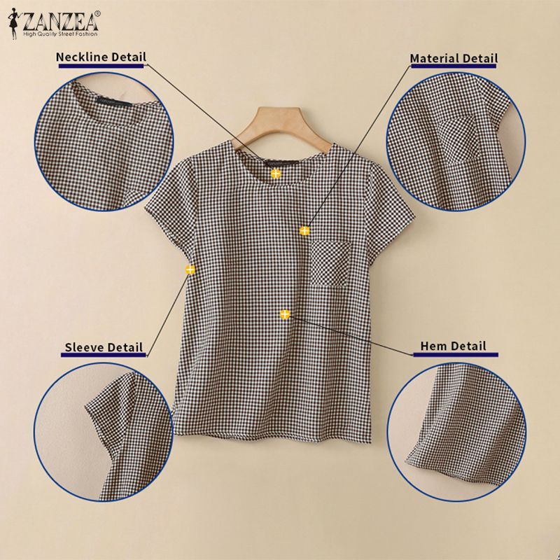 ZANZEA Women Korean Vintage Casual Crew Neck Short Sleeve Patch Pocket ...