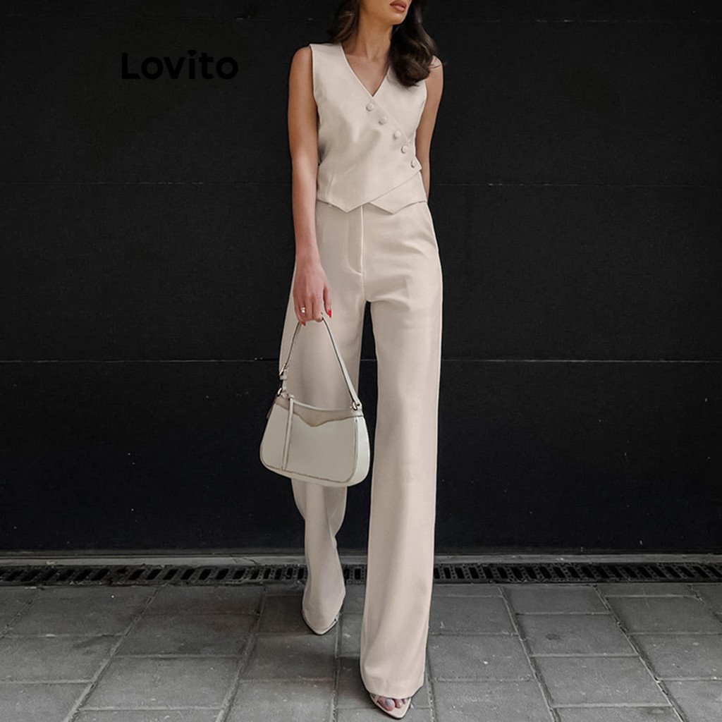 Lovito Elegant Women Pants Sets Plain Button Front Asymmetrical Pants ...