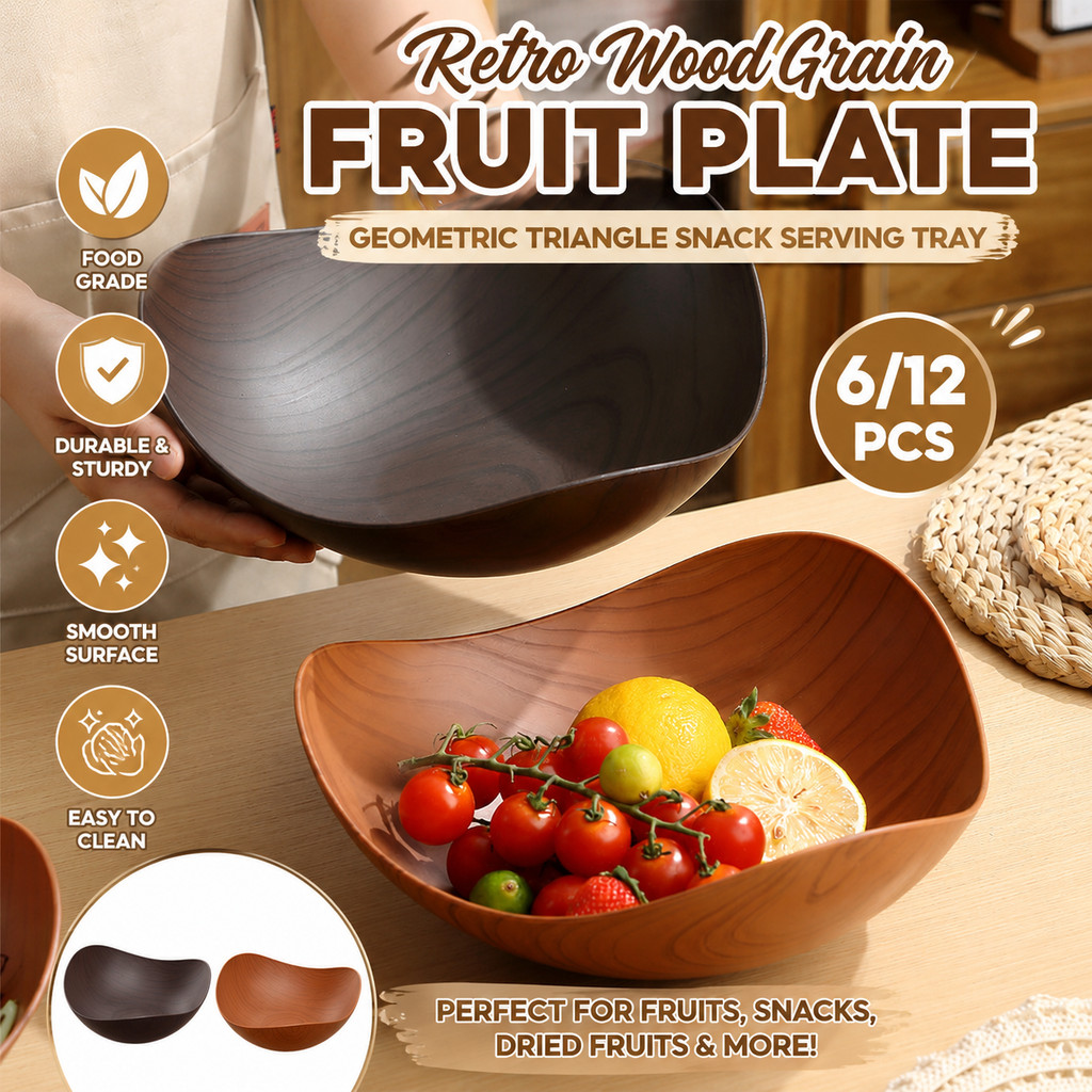 6/12PCS Retro Wood Grain Fruit Plate Geometric Triangle Snack Serving ...