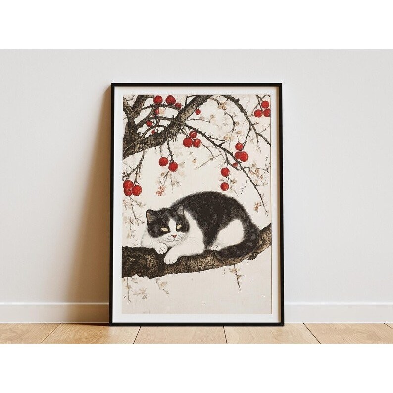 Cat Art Print Japanese Art Poster Plum Blossom Tree Cat Wall Art Black ...