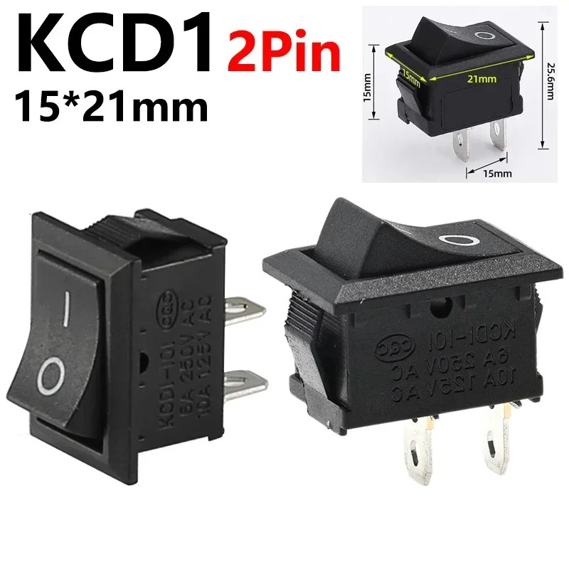 Black 15x21mm SPST 2-Pin Rocker Switch KCD11/KCD1, Snap-in Boat-Shape ...