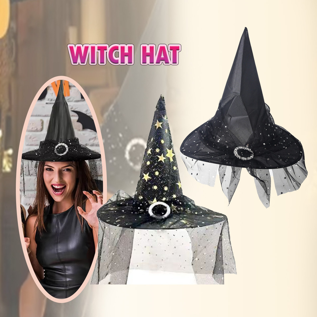 Rhinestone Studded Crescent Star Lace Trim Halloween Witch Hat main image 1