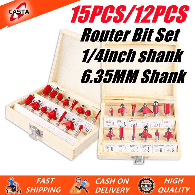 15PC 1/4 inch (6.35mm) Shank Tungsten Carbide Tipped Router Bits Set ...