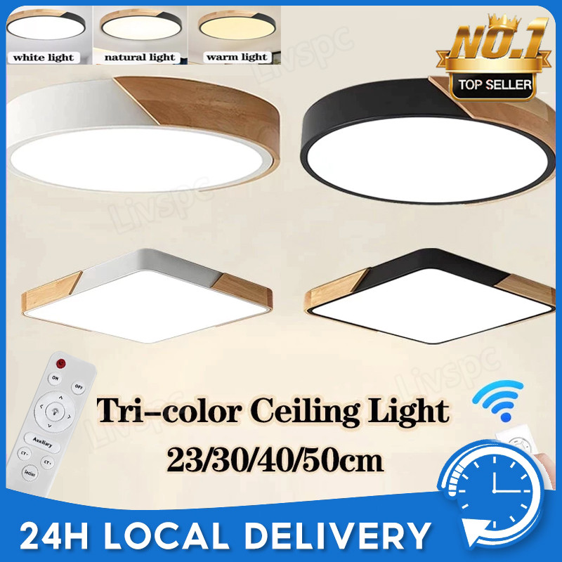 3 Colors LED Ceiling Light With Remote Modern Wood Fixture Ultra-Thin ...