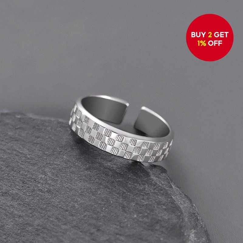 Silver Retro Checkerboard Ring Unique Opening Adjustable Men's Ring ...