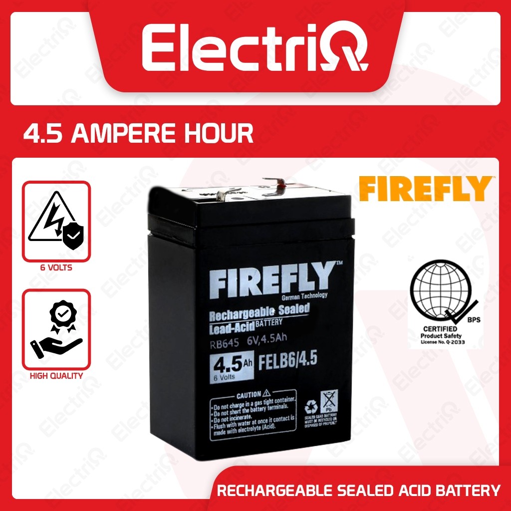 Electriq l Firefly Rechargeable Sealed Lead Acid Battery 4.5Ah/6v FELB6 ...