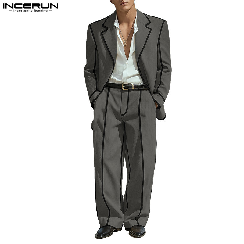 INCERUN Men's Splicing Color Contrasting Edge Suit+Pants Casual Set ...