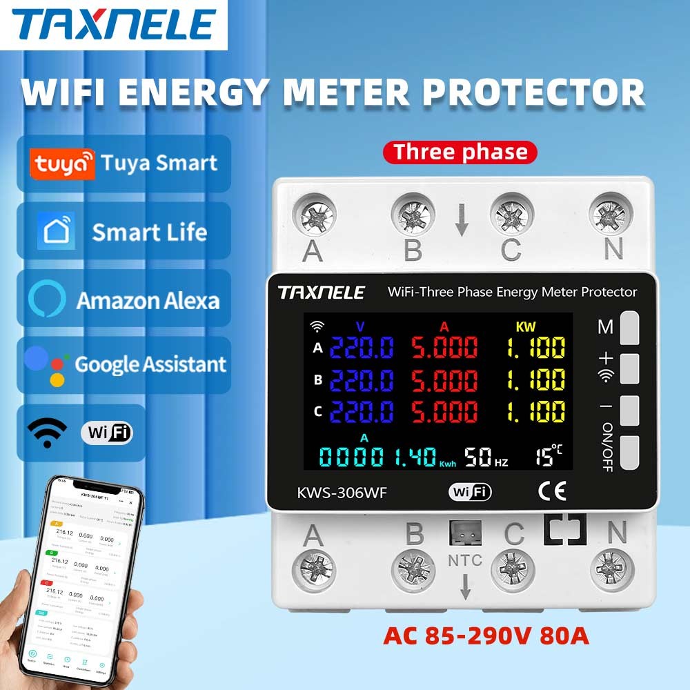 TAXNELE 3 Phase TUYA Wifi 80A Power Energy Meter Monitor Voltage ...