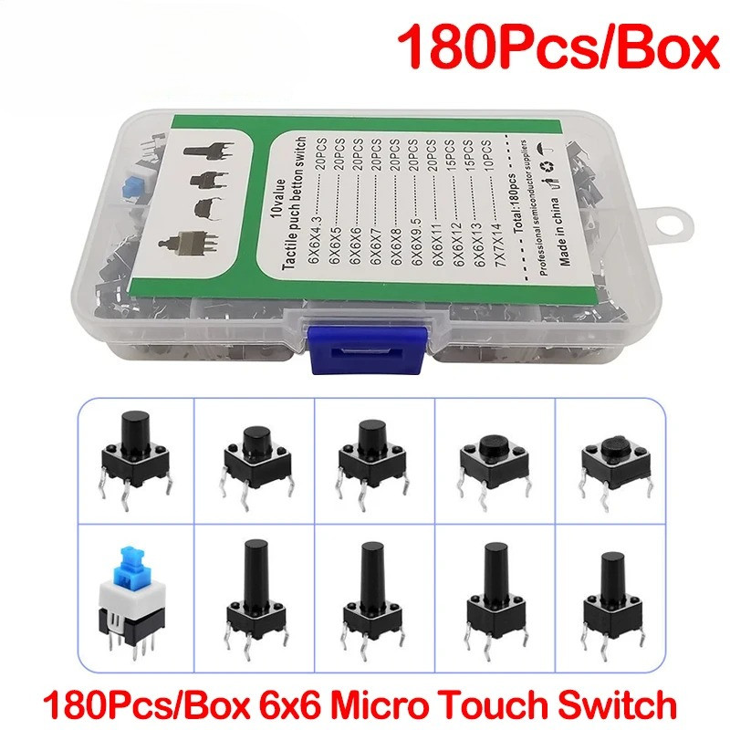 180PCS 10 Type 6*6 Light Micro Touch Switch Set Push Button Switch Kit ...